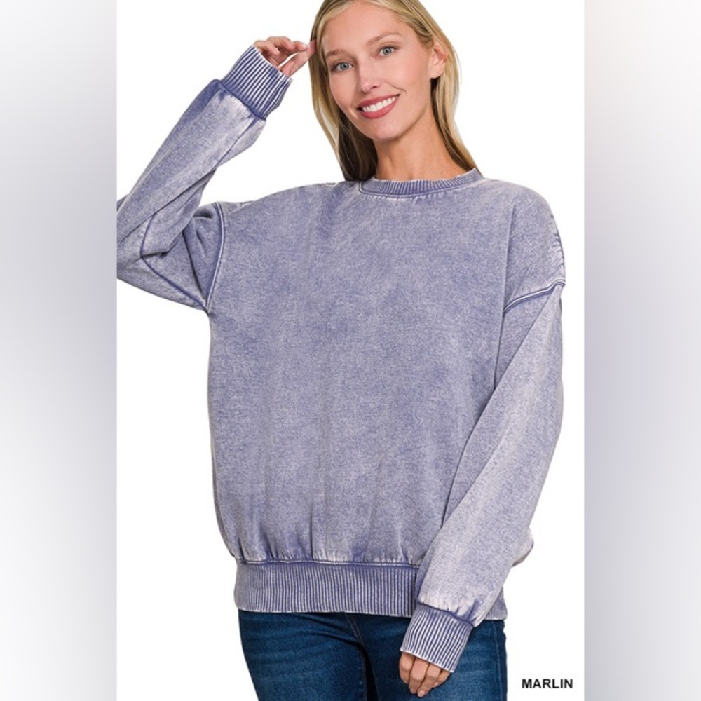 Z6 Zenana C3 Last 1! ACID WASH FLEECE OVERSIZED PULLOVER in light olive oil - Picture 3 of 3